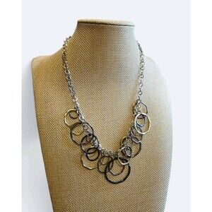 Multi-Tone Interlocked Circle Ring Bib Necklace Gunmetal Gold Silver Modernist